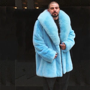 Colorful Men's Real Rex Rabbit Fur Jacket with Real Fox Fur Shawl Collar Outcoat - Picture 1 of 14