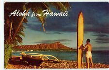 Classic Surfer Waikiki w Longboard Hawaii Surfing Outrigger Canoe Postcard -L1
