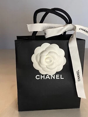 CHANEL Small Shopping Tote Bag Classic Black with 3D White Camellia Flower 6" - Image 1 of 4
