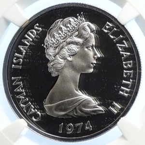 1974 CAYMAN ISLANDS Elizabeth II w Flower Proof Silver Dollar Coin NGC i106776 - Picture 1 of 5