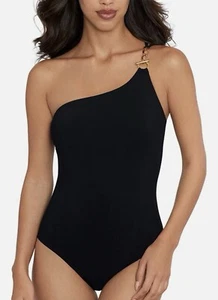 $180 Amoressa by Miraclesuit Sz 8 One-Shoulder 14K Chain 1-Piece Swimsuit Black - Picture 1 of 9