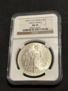 1995 D Olympics paralympics (blind runner) commemorative silver dollar NGC MS69 - Picture 1 of 2