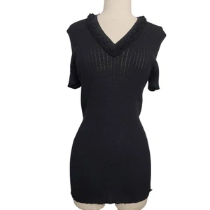 Authentic Chanel Black Knit Blouse Top Sz 48 US 12 Ruffle V-Neck Short Sleeve - Picture 1 of 11