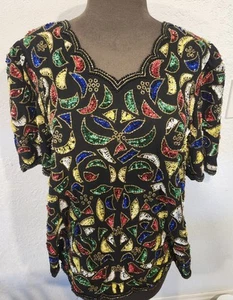VTG Black Multicolor Sequin Beaded Womens M/l Top Blouse Creative Touch - Picture 1 of 13