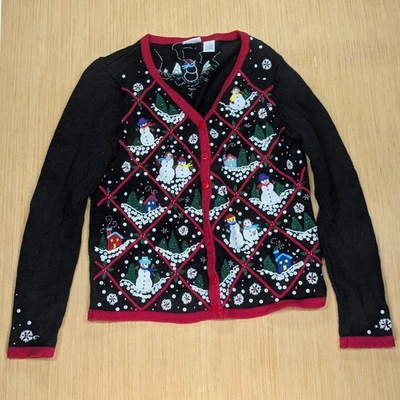 Kim Rogers Cardigan Sweater Retro Christmas Snowman Embellished Women's Small - Image 1 of 4