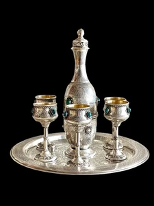 St Silver Jewish Bezalel Israeli Kiddush Set Wine Bottle Goblets Tray - Picture 1 of 24