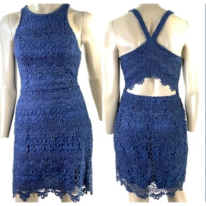 Hollister Crochet Halter Racerback Cut Out Mini Sheath Dress Women Size M Navy - Picture 1 of 16