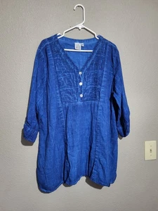 Túnica de algodón perejil y salvia manga 3/4 puño abatible azul boho cambray 3X ajuste holgado - Imagen 1 de 7