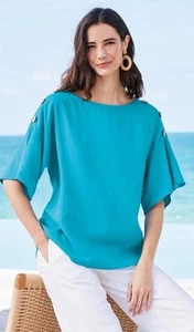 Soft Surroundings Top Andrea Linen Blend Women Blouse Beachy Resort Sz L - Picture 1 of 7