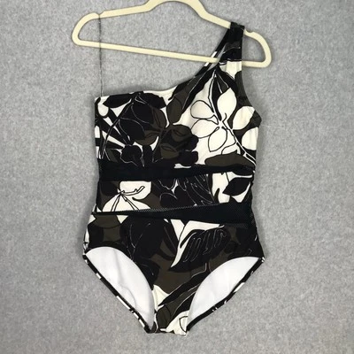 Carmen Marc Valvo One Shoulder One Piece 14 Olive Cream Mesh Cut Out Neutrals - Image 1 of 4