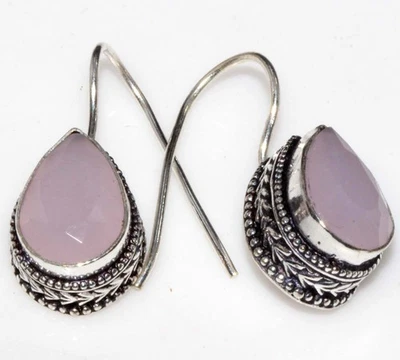 Vintage Pink Chalcedony 925 Silver Plated Gemstone Earrings 1.3" GW - Image 1 of 3