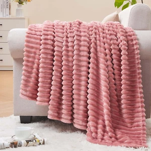 Fleece Throw Blanket for Couch – 3D Ribbed Jacquard Soft and Warm Decorative Fuz - Picture 1 of 12
