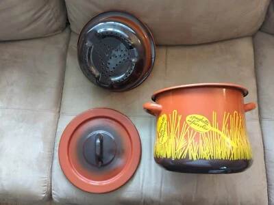 Vintage Orange Enamel Spaghetti Pasta Pot Lid & Strainer Steamer MCM 3 Pc Set  - Image 1 of 4
