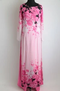 Ao Dai Vietnam - White/Black Floral Design w/ Pants (35" Bust - 40" Bust) - Picture 1 of 2