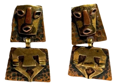 PENDIENTES VINTAGE COBRE LATÓN ARTESANO FIGURA MODERNISTA RETRATO TORNILLO TRASERO Foto 1 de 4