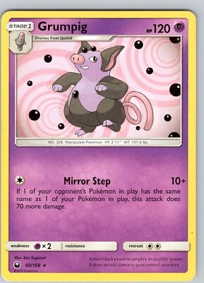Pokemon TCG Grumpig S&M Celestial Storm 60/168 Regular Non-Holo Rare Card LP - Image 1 of 2