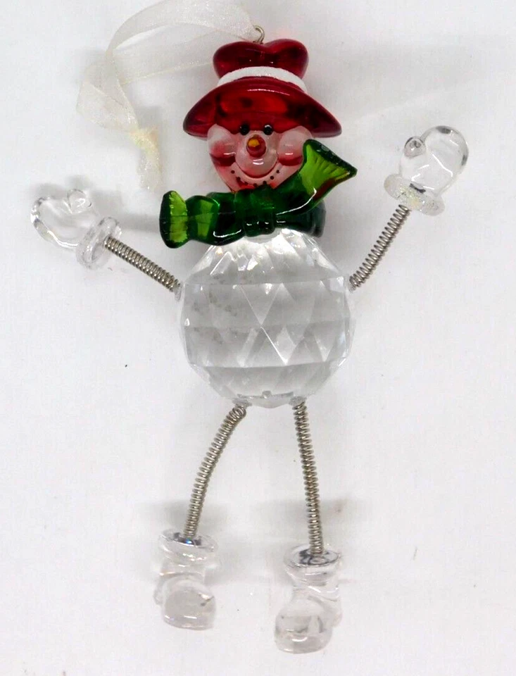 圣诞装饰品雪人水晶透明红帽绿色领结弹簧腿臂 — 第 1/1 张图片