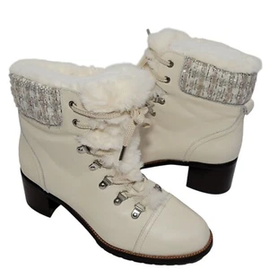 Sam Edelman Boots Womens Size 8 Manchester Ivory Leather Faux Fur Lace Up Heel - Picture 1 of 15