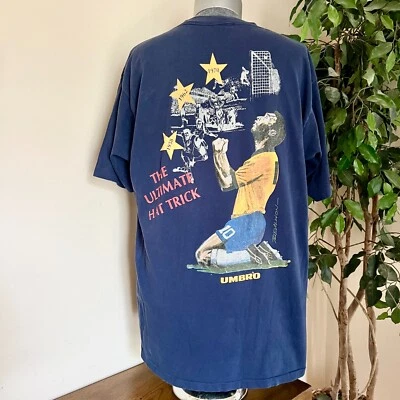 Vintage Umbro Men's XL Pele Soccer Hat Trick Graphic T-Shirt Single Stitch Blue - Image 1 of 4