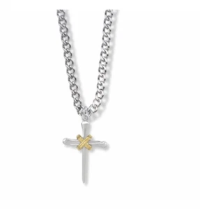 TWO TONE STERLING SILVER ROPE AND NAIL CROSS NECKLACE & CHAIN - Picture 1 of 1