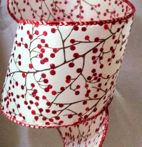 Weihnachten rot Glitzer Beeren 2,5" x 5 yds Drahtband braun Stiel Kranz Laterne - Bild 1 von 6