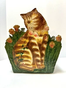 Vtg Primitive Folk Art Tabby Cat Smelling Flowers Metal Trash Can Hand Painted - Picture 1 of 19