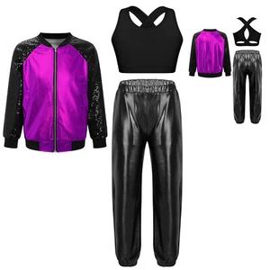 Kids Girls Dancewear Zipper Dance Outfits Crop Top 3Pcs Set Metallic Pants Vest - Picture 1 of 63