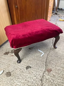 Vintage Red Velvet Footstool with Queen Anne Legs - Picture 1 of 4