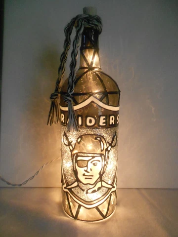Raiders Inspired Hand Painted Lighted Wine Bottle Stained Glass look Cover