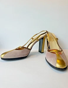 Prada Suede Slingback Round-Toes Gold & Pink Pumps Size 9 (39) - Picture 1 of 3
