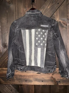 Polo Ralph Lauren RARE Flag Denim Jean Trucker Jacket Grey Black Sz M Youth Kids - Picture 1 of 6