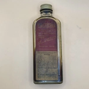 Castoria Bottle With Paper Label Char H Fletcher W Metal Lid Vtg Bottle Embossed - Picture 1 of 6