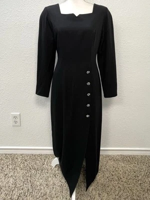 VTG 80s ANN TOBIAS Womens 4 Black Long Sleeve Square Neck COCKTAIL DRESS Buttons - Image 1 of 4
