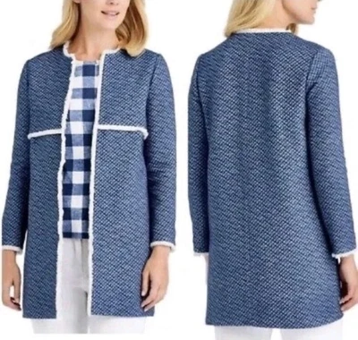 Jaqueta blazer de tweed J. McLaughlin azul branca com franja tamanho M roupa de escritório chique - Imagem 1 de 4