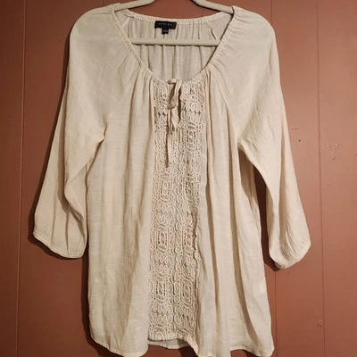 Spense Cream Boho Peasant Large Top Crochet Accents Semi-Sheer - Image 1 of 4