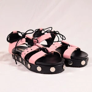 River Island Platform Gladiator Sandals UK 6 EU 39 Pink Leather Moto Boho LaceUp - Picture 1 of 14