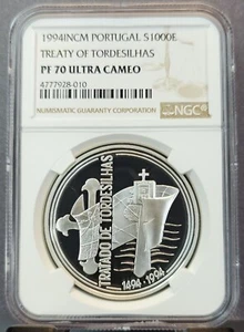 1994 PORTUGAL SILVER 1000 ESCUDOS TREATY OF TORDESILHAS NGC PF 70 ULTRA CAMEO - Picture 1 of 3