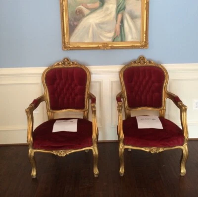 PAIR Antique Louis XVI Red Velvet and Gilt Cabriolet Chairs  - Image 1 of 4