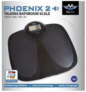 MyWeigh Phoenix2 sprechende Badezimmerwaage Jalousie teilsehbar 28st/396lb/180kg - Bild 1 von 4