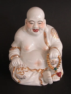 Estatua de Buda Feliz Sonriente Dorado Esmalte Blanco Porcelana China 8" Foto 1 de 4