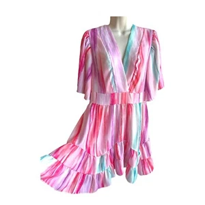 NWT Pink Tie Dye V Neck Dress Short Sleeve Flowy Ruffle Hem Women XL - Picture 1 of 18