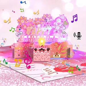 3D Pop Up Musical Birthday Cards - Recordable & Colorful LED Lights Pink - Picture 1 of 7