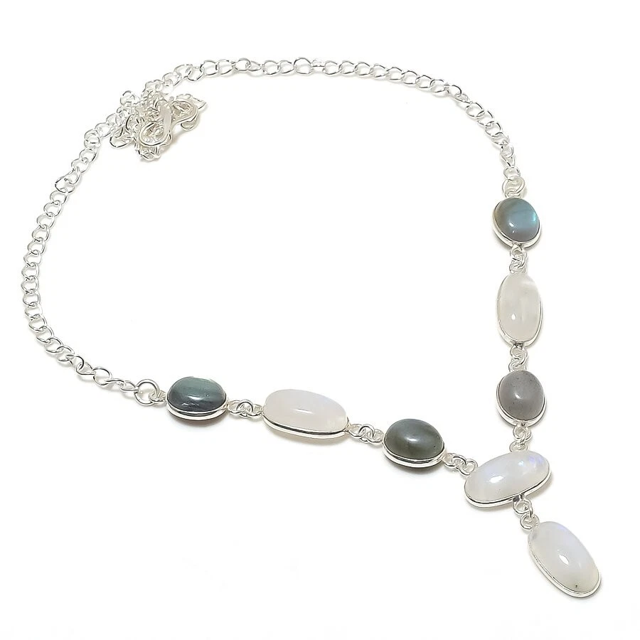 Moonstone & Labradorite Gemstone 925 Sterling Silver Jewelry Necklace S 18" - Image 1 of 1