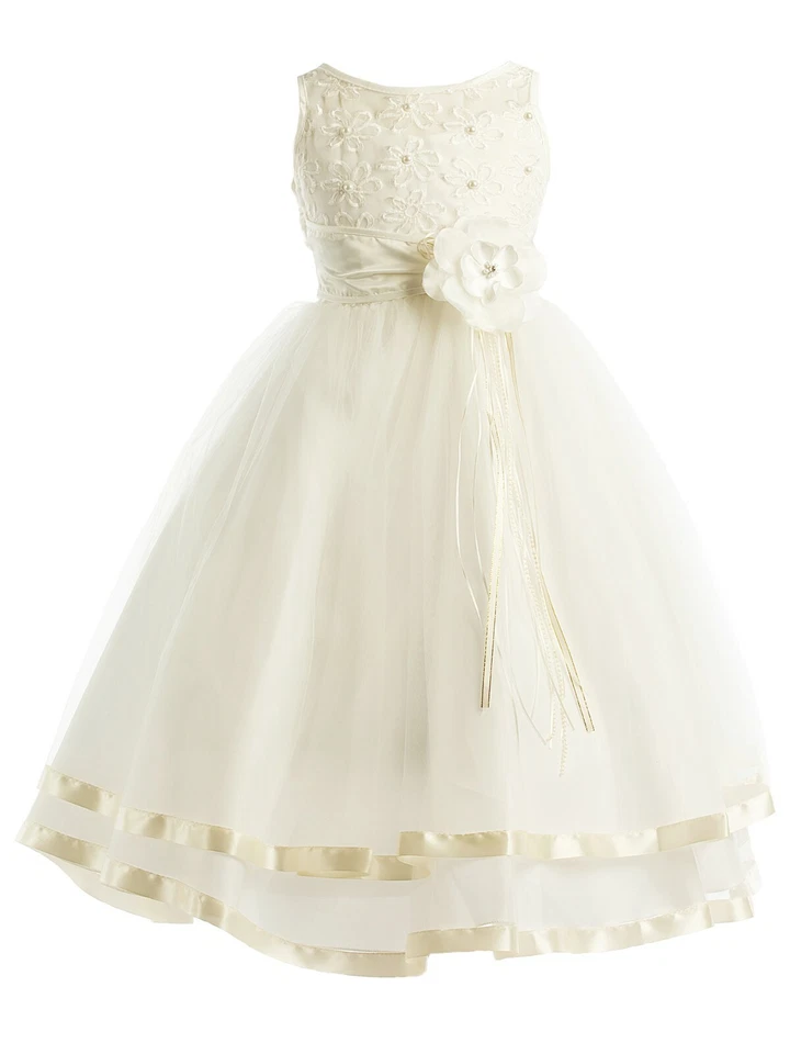 Peek-A-Boo Illusion Ribbon Communion Flower Girl Pageant Dress - Ivory - Image 1 of 1