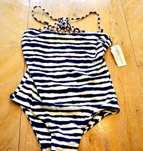 TORI PRAVER SWIMWEAR SEAFOAM INDIGO MACRAME ONE PIECE BATHING SUIT LARGE NEW! - Picture 1 of 3