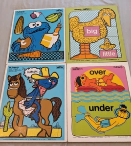 Vintage 1970s Playskool Sesame Street Wooden Puzzles 4 Cookie Bert Ernie Grover - Picture 1 of 20