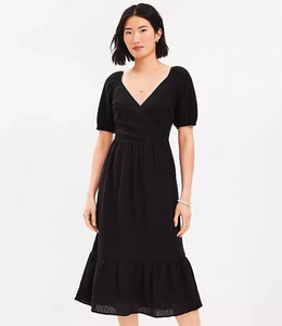 NEW Loft Women's 10 Puff Sleeve Flounce Dress Black lined cotton solid v-neck - Picture 1 of 11