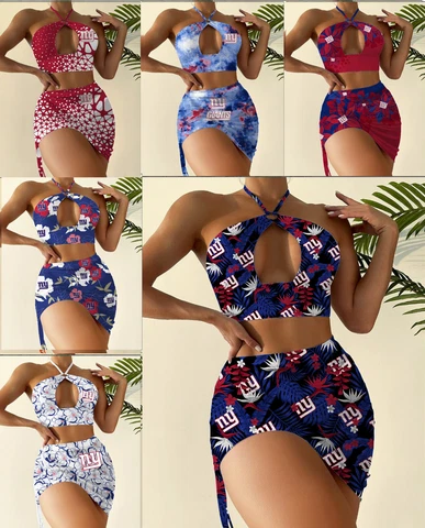 New York Giants 2pcs Halter Neck Bikini Set Slim Cutout Swimsuit Sexy Bodycon Cover