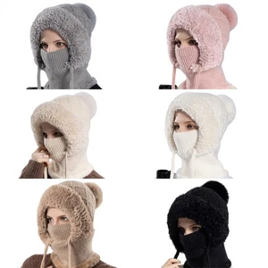 Casquette tricotée chaude avec cache-cou bonnet tricoté avec boule de cheveux - Picture 1 of 26