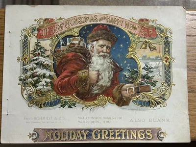 Etiqueta de caja de cigarros Schmidt & Co NY 1897 San Nicolás SANTA CLAUS HOLIDAY GREETINGS Foto 1 de 4